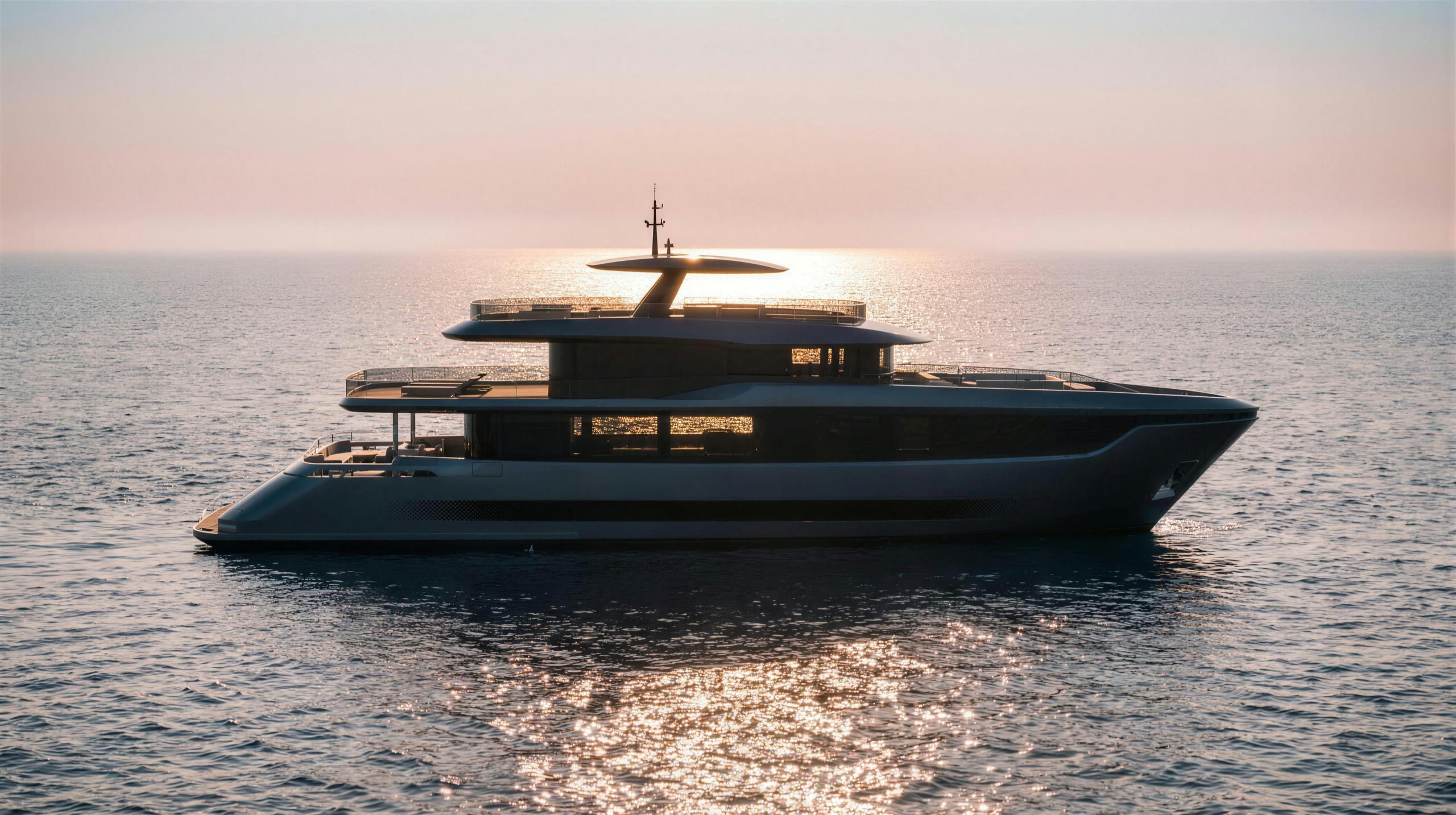 KIRIN · LVPOComfort39.01 · 39 m yacht, the bow at sea, contre-jour