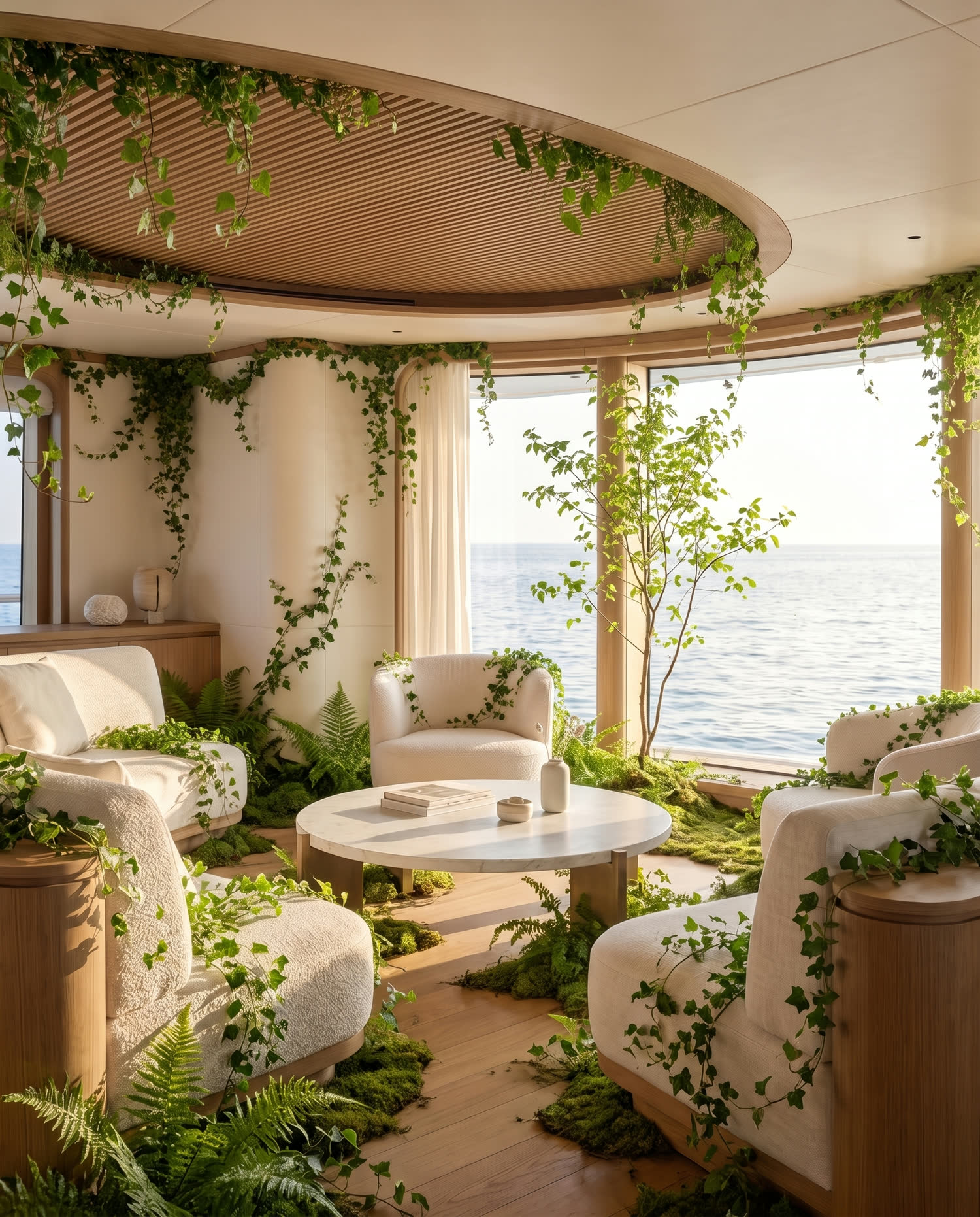 A Vessel interior, cream bouclé and ivy, the sea held in the window