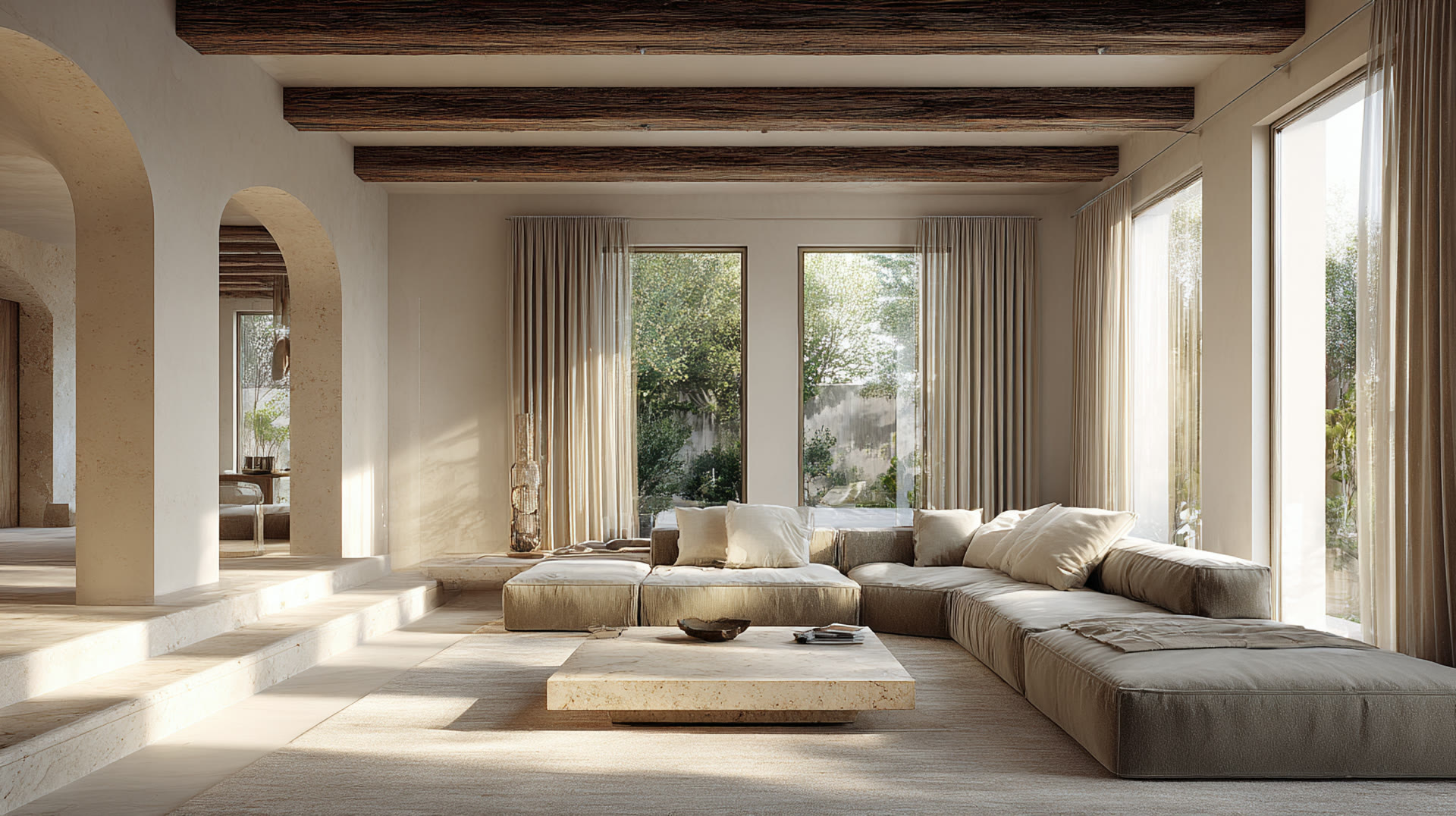 A living room in travertine and linen
