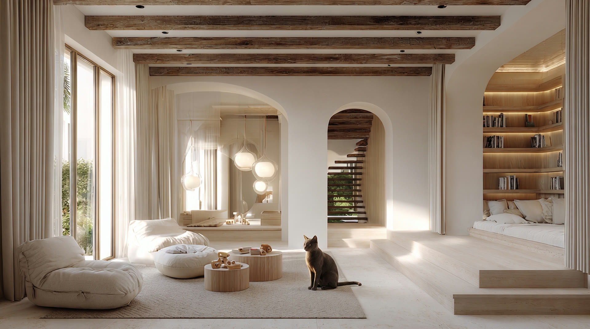A living room with a reading alcove
