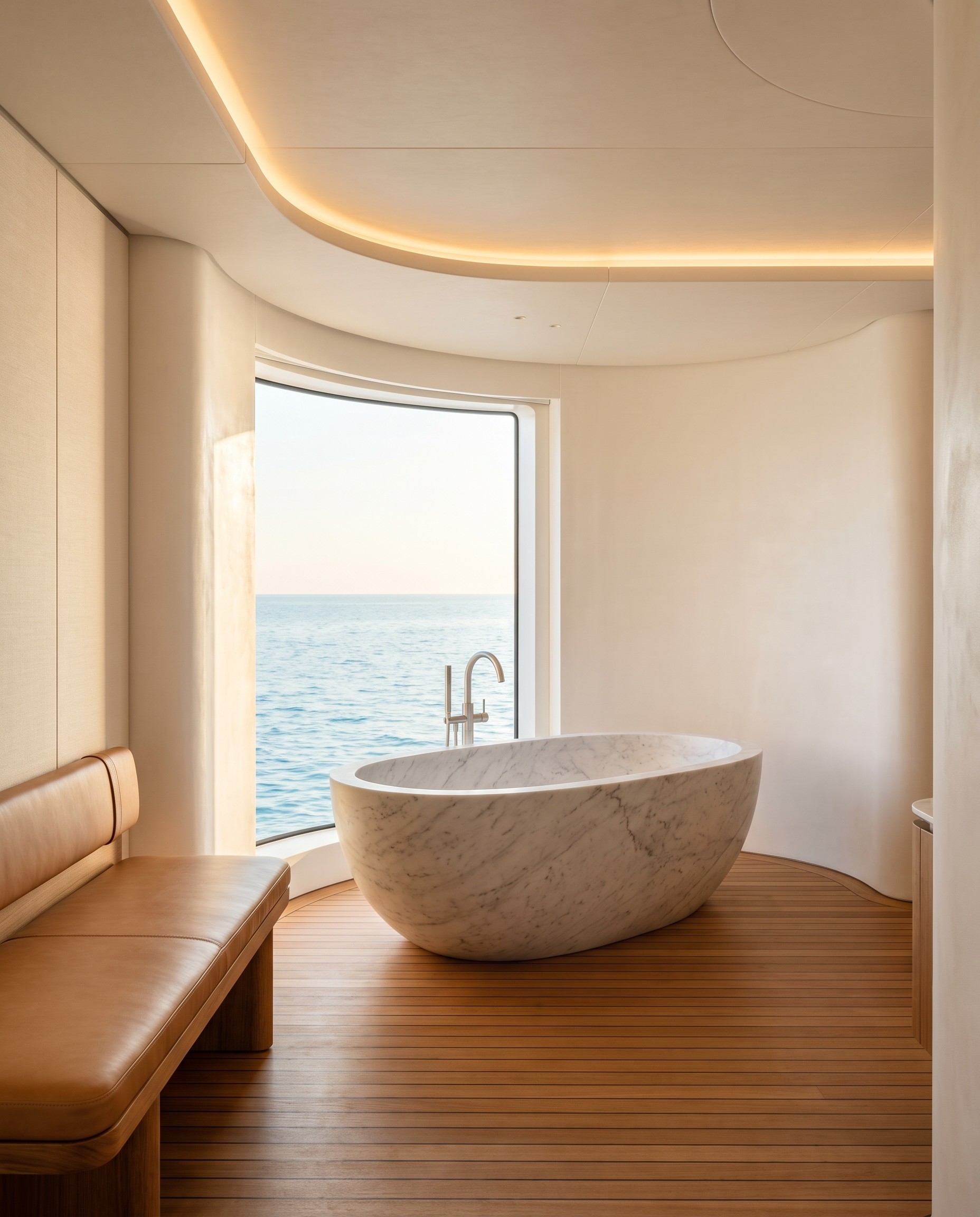 The bath, a marble tub by a curved window