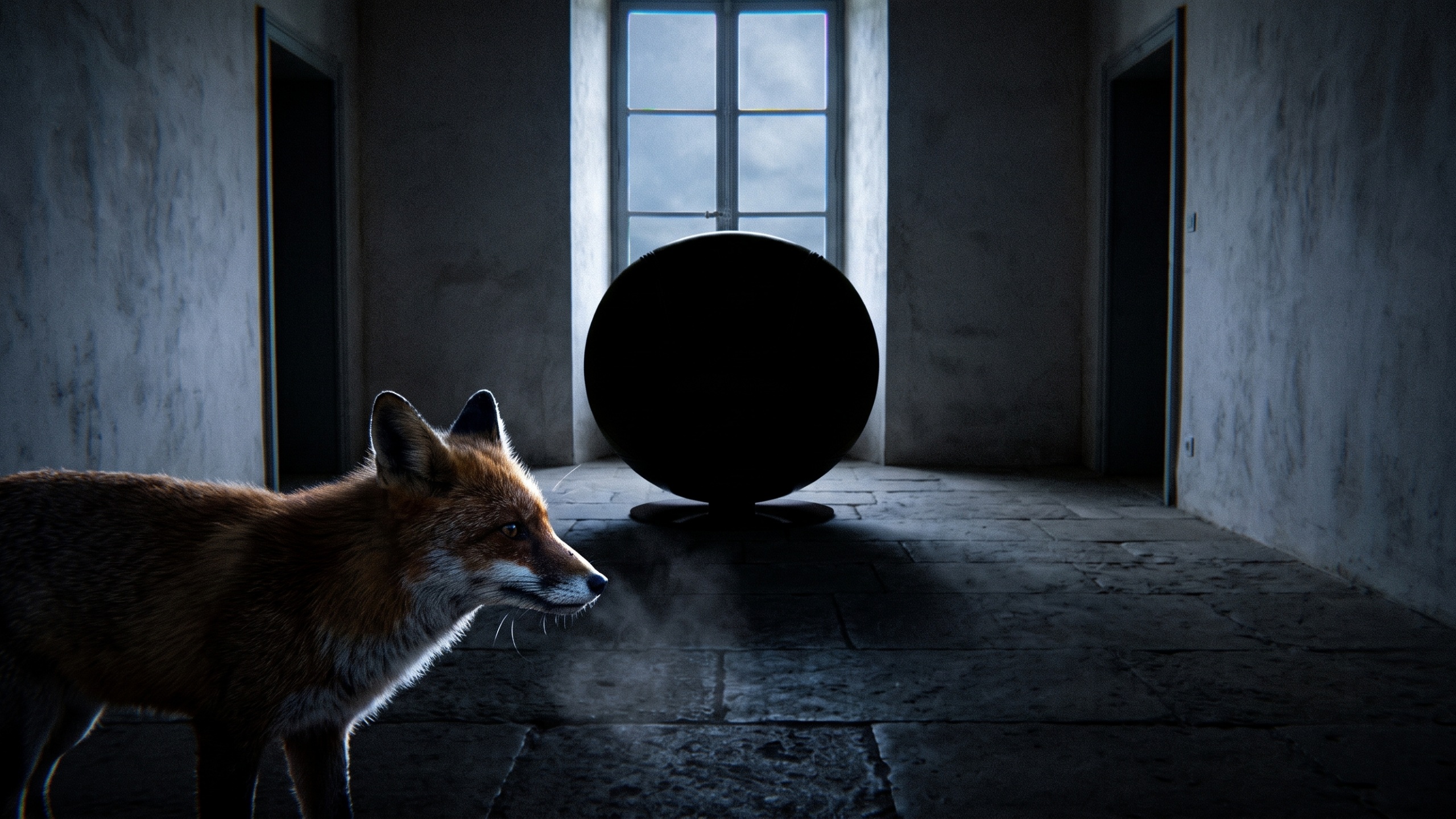 A red fox in a dark room at night, turning towards a large rounded shape held in shadow against a window