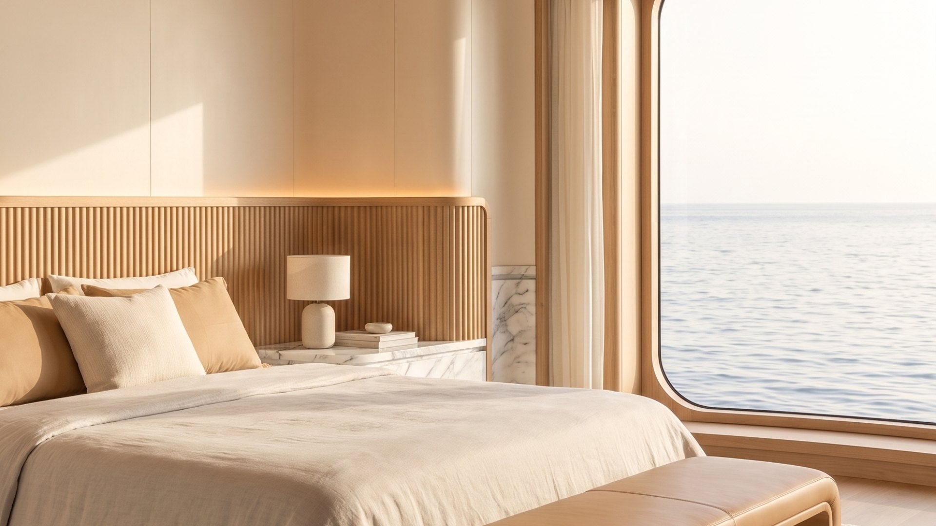 A Vessel cabin, fluted oak, linen and marble, the sea held in the window