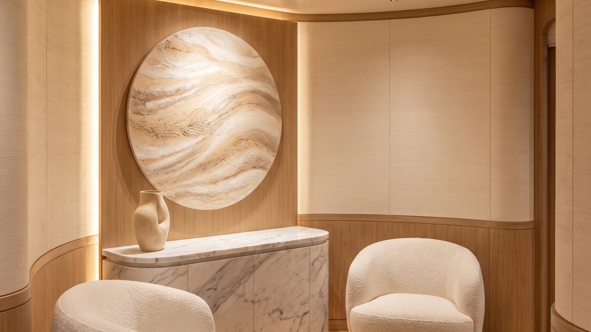 A Vessel entrance, bouclé armchairs and a marble console under warm light