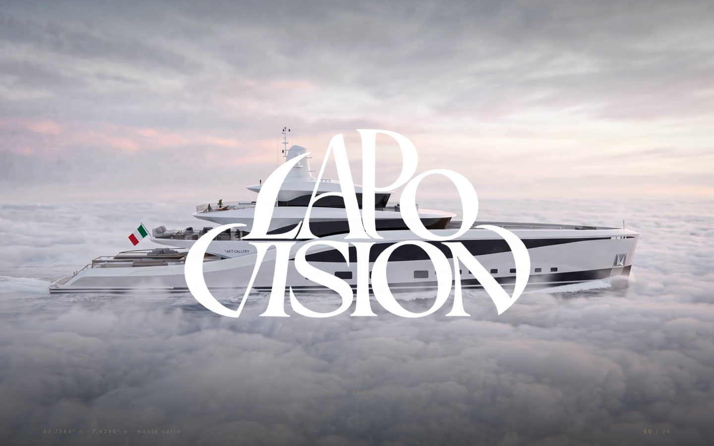 The lapovision.studio home, a serif wordmark over a yacht in the clouds